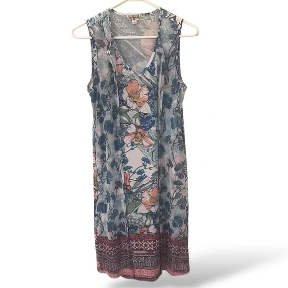 NWOT One World Micro Jersey Printed Mesh Overlay V-Neck Dress - Picture 4 of 5